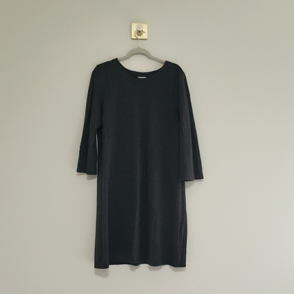 J. Jill Ponte Sheath Dress Large Gray Pinstripe 3/4 Sleeves Work Office Career